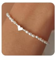 Irikdescia 14K Versilbertes Perlenarmband, Silbernes Armband Damen Mit Herz Anhänger, Elegantes Perlenarmband Mit Weißer Perle, Schöne Perlen Armbänder Frauen(Silber)
