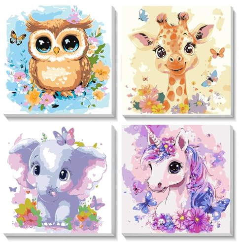 SUNXBUK Pintar por Numeros Niños,4 Pcs Pintura por Numeros Animales con Marco,Kawaii Cuadros para Pintar por Numeros 6 7 8 9 10 Años Niños,DIY Cuadro ArtesaníAs de Arte(20 * 20cm)