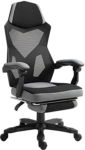 Vinsetto Sedia da Ufficio Ergonomica con Poggiapiedi Retrattile e Schienale Alto, Sedia da Scrivania Reclinabile Girevole con Altezza Regolabile, Supporto Lombare, in Tessuto a Rete, Grigio