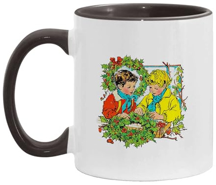IVISION LEARNING LTD Making Holly Berry Wreath Vintage Christmas Folklore Two-Tone Accent Ceramic Mugs, Drinking Cups, 11oz 15oz