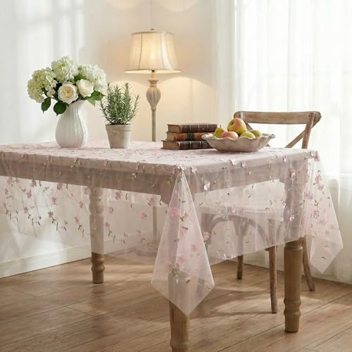 Horaldaily Light Pink Gauze Floral Tablecloth 60×84 Inch Rectangular, Light Pink Flower Spring Summer Tulle Table Cover, Garden Party Decor for Wedding, Party, Holiday Dining