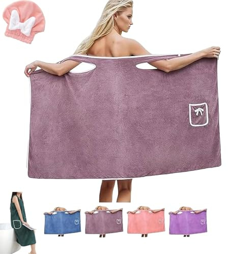 Wearable Shower Towel Women, Plus Size Absorbent Wearable Bath Towel, Soft Quick-Drying Coral Fleece Towel Dress with Pocket Thick for Home Spa Sauna Beach (Bean Paste, M(80 * 135cm))