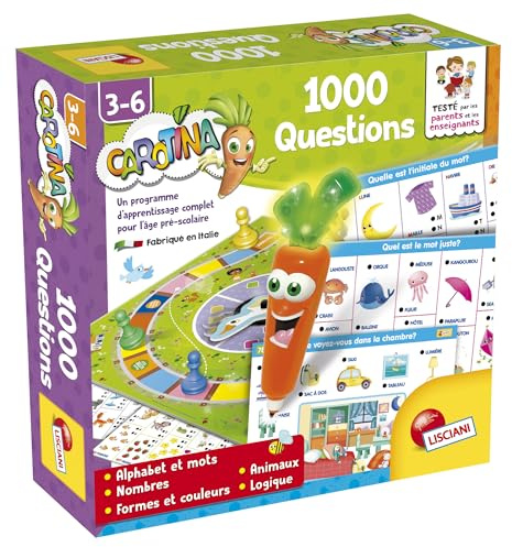 Lisciani - CAROTINA - Jeu 1000 Questions pour Enfants 3 à 6 ans - Jeu Educatif Electronique avec Stylo Carotina Parlant - Apprentissage Alphabet , Nombres, Formes, Couleurs, Animaux & Logique