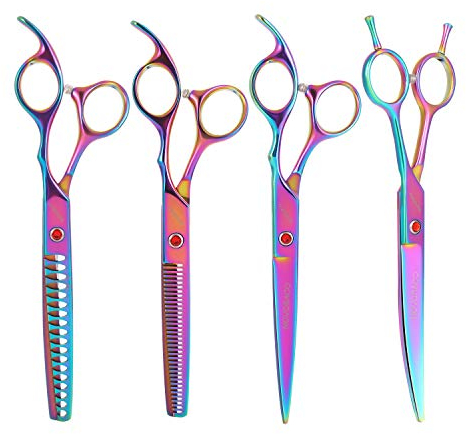 NOVOSACO 7-Zoll Professionelle Hundescheren Set, Haustier Pflege Schere Gerade, Gebogen, Modellierschere, Chunker Fellscheren für Hunde Katzen, rostfrei (01-Set (Mehrfarbig))