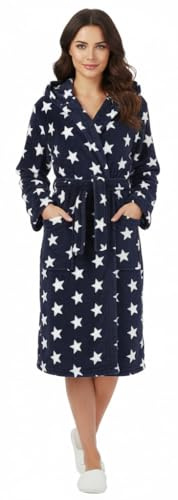 Brandsseller Peignoir Femme avec Capuche L/XL – Doux et Léger en Microfibre avec Motif Étoiles – Certifié Oeko-Tex – Idéal Maison, Spa ou Sauna – Bleu/Blanc
