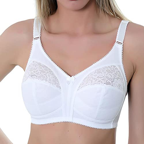 Gemm Ladies White Non Wired Lace Trim Plus Size Bra with Large Cup Sizes Full Firm Support (46 D, White)
