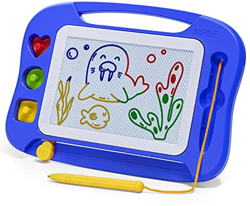 SGILE Zaubertafel Kinder Magnetische Maltafel, Bunt löschbare magnettafel mit Magnetstift und 3 Stempeln, Zaubermaltafel für Reise, Autofahrt, Geburtstag, pädagogisches Geschenk für Kleinkinder, Blau