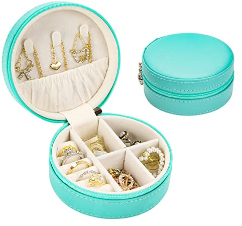 Newellsail Boîtes à Bijoux Étui à Bijoux de Voyage Ronde Petite Organiseur à Bijoux en Cuir PU avec Fermeture Éclair Boîtes de Rangement de Bijoux pour Bagues, Boucles d'Oreilles, Colliers (Bleu)