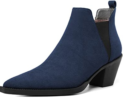 Mettesally Bottines à talon moyen pour femmes, bottes à talon pointu, bottes à talon bloc, bottes élastiques, chaussures de travail en daim, Marine EU41