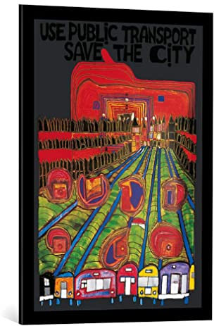 kunst für alle Bild mit Bilder-Rahmen: Friedensreich Hundertwasser Benutzt öffentliche Verkehrsmittel - rettet die Stadt - dekorativer Kunstdruck, hochwertig gerahmt, 59x84 cm, Schwarz matt