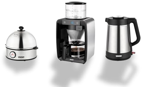 Unold Frühstückset Aroma Bundle 28935 Blitzkocher 18715 Kaffeeautomat 28435 Eierkocher 38626: Thermo Wasserkocher 1,5 L, ca. 1,25 Liter für 10 Tassen Kaffee, bis 7 Eier