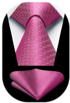 HISDERN Men's Hot Pink Ties Wedding Tie Handkerchief Formal Business Herringbone Necktie & Pocket Square Set