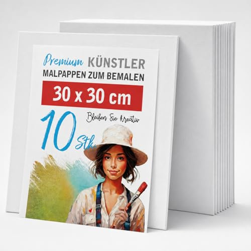 Leinwand Set zum Bemalen 30x30 cm 10 Stück – Malpappen aus 100% Baumwolle, 2-fach grundiert und 3mm stark – stabile Qualität, sofort bemalbar für Kinder, Anfänger & Hobby