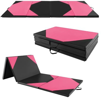 GOPLUS Tapis de Gym Epais 4 Panneaux Pliable, 300x117x5 CM, Fermeture Auto-agrippante Combinaisonable, Tapis de Fitness en PU Antidérapant avec Poignée de Transport, pour Yoga, Arts Martiaux, Aérobic