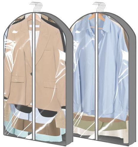 Hejo 2 Stück Kleidersack, 60x100 cm Anzugtasche, Kleiderhülle mit Transparente Vorderseite, Staubdichte Kleiderschutzhülle mit Reißverschluss, Wasserdichte Anzug Schutzhülle für Mäntel, Jacken (Grau)