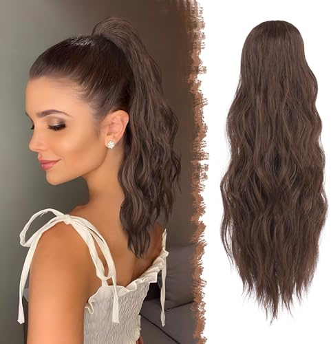 FESHFEN Coda Capelli Extension Ondulata, Lunga Coda di Cavallo Extension con Coulisse Ricci Posticci Sintetici Finta Capelli Marrone Cioccolato Ponytail Extensions Per Donna, 45 cm