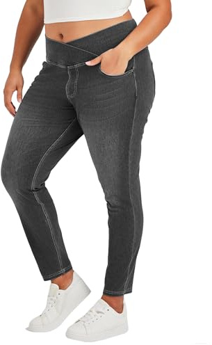 LaiEr Mujer Skinny Jeans V Cruzada de Cintura Alta Barriga Casual Fitness Leggings, Soft Stretch Casual Faux Denim Print Laterales Adecuado para Deportes y Ocio,con Bolsillos .Gris Oscuro,XXL