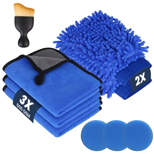 flintronic 9 Pezzi Kit Pulizia Auto, con 3 Pezzi Panno Microfibra Auto e 2 PCS Guanto Lavaggio, 3 Spugne per Lucidatura a Mano, 1 Spazzole per la Pulizia, Senza Graffi per Cura