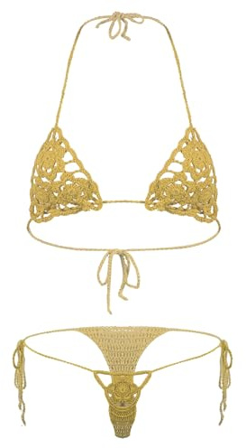 Sinleey Femme Bikini Traforato Set Sexy Floreale Bikini Alluncinetto Fatto A Mano Costume da Bagno Triangolo Micro Costume da Bagno Spiaggia Due Pezzi Reggiseno