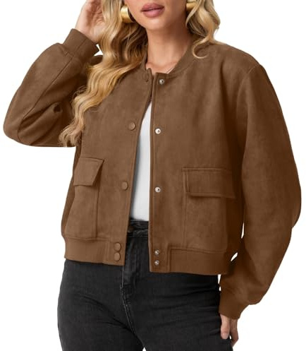 GRECERELLE Veste bomber à manches longues pour femme - Coupe courte - Avec fermeture à boutons - Design vintage - 2 poches et poignets élastiques aux manches/ourlet, Marron foncé, M