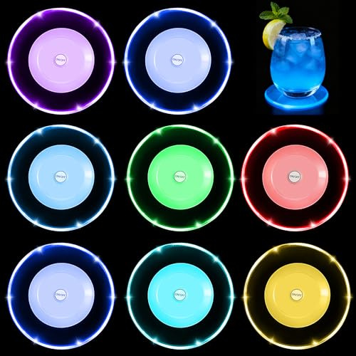 8 Stück Bunt LED Untersetzer mit 7 Lichtmodi, Rund Leuchtuntersetzer, wasserdichte, ON/Off Taste, Getränke Untersetzer Leuchtende für Gläser Flaschen Partys Hochzeiten Bar Weihnachten