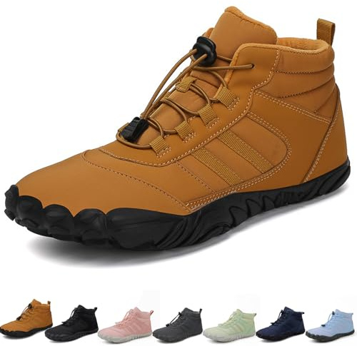 Kangerse Men's Women's Barefoot Shoes, Waterproof Trail Running Barefoot Shoes, Winter Warm Lined Outdoor Snow Boots, Non-Slip (Brown,12 Women/10 Men)
