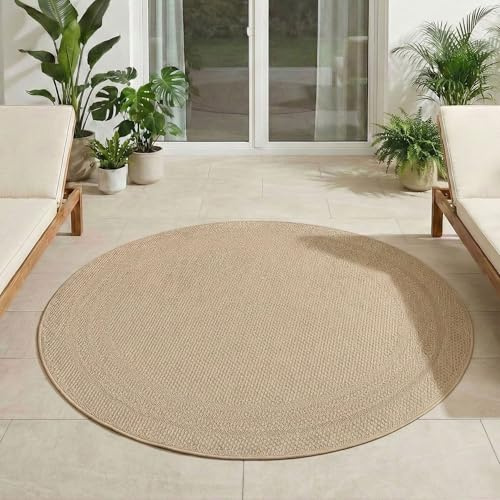 Carpetsale24 Alfombra Exterior Redonda 200 cm Beige, Resistente a la Intemperie y a los Rayos UV, Alfombra para Jardín Terraza Salón Comedor Interior Exterior, Liso con Borde Fácil de Limpiar