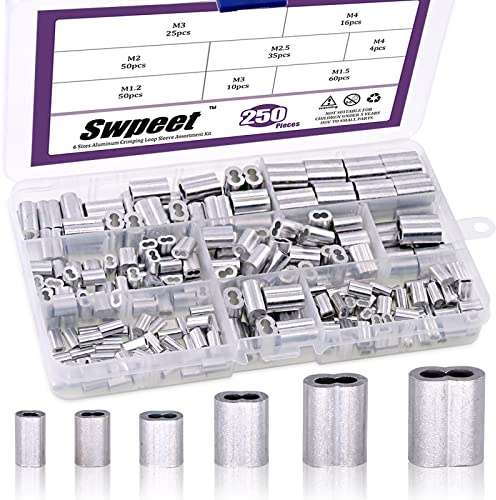 Swpeet 250 st 6 storlekar aluminium krympögla hylsor sortiment kit för vajer och kabel eller allt annat kräver stark kabel