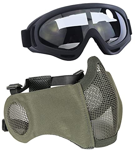 AOUTACC Airsoft-Maske mit taktischer Schutzbrille,Airsoft Maske mit Gehörschutz, Protective Gear Set für Erwachsene Männer Frauen Paintball Schießen CS-Grau
