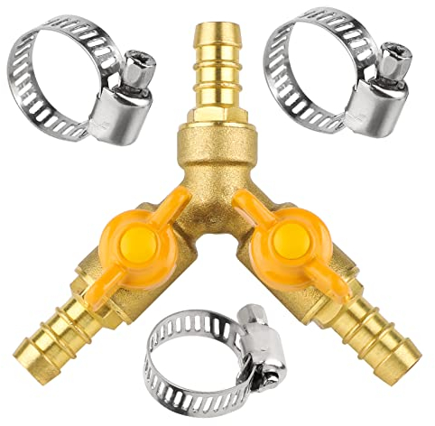 SWAWIS Raccordo a 3 Vie Splitter Connettore Adattatore Valvola di Arresto del Tubo Valvola a Sfera in Ottone con 3 Morsetti per Aria Acqua Gas (per ID tubo 10 mm-11 mm)