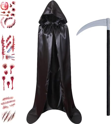 YIMOJOY Halloween Cape Uomini Set, Halloween Costume Cape nero con falce e cicatrici tatuaggi, Unisex Halloween Cape con cappuccio Reaper Cape 170CM Vampire Costume per Cosplay Carnevale Carnival(L)