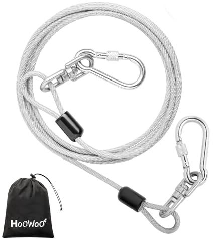 Hoowoo 10FT Dog Tie Out Cable with Swivel Lockable Hook, Chew Proof PVC Coated Stainless Steel Wire Lead for Yard, Camping, Beach & Garden