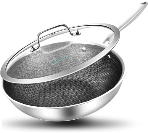 LOLYKITCH Hybrid 26 CM Tri-Ply Stainless Steel Wok Pan with Lid,Ceramic Non Stick Stir Fry Pan,Induction Cooking Pan, Oven Safe,Riveted Handle