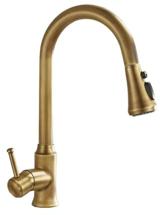 Kitchen Tap with Pull Out Spray High Arc Pull Down Kitchen Sink Mixer Taps with 2 Spray Mode, Antique Style Brass Single Lever 360° Swivel Commercial Kitchen Faucet, 1 Hole, Antique Brass Finished