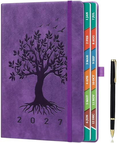ZXHQ 2027 Diary A5 Page a Day, 400 Pages, 100 GSM Paper, for UK | Embossed Tree of Life cover with monthly views, colourful gradient tabs, back pocket and matching pen for organised planning.