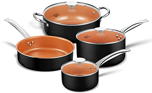 Kupfer AntihaftKochgeschirrSet Pfannen und Töpfe alle Herdarten kompatibel ofenfest mehrlagig Keramikbeschichtung PTFEfrei PFOAfrei Edelstahlgriff zum Kochen Braten und Saute 7teiliges Set