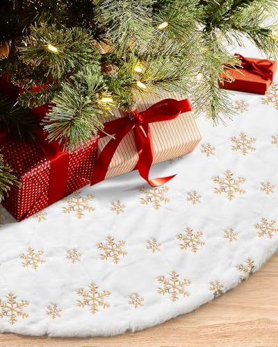 COOLWUFAN Gonna per Albero di Natale da 48 Pollici/122CM per Decorazioni per Feste di Albero di Natale Peluche Bianche con Paillettes Oro Fiocco di Neve