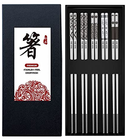 Bosdontek Bacchette in Metallo Riutilizzabili - 5 Paia in Acciaio Inox, Lavabili in Lavastoviglie, Motivo per Incisione, Bastoncini Giapponesi, Set Regalo Sushi (Argento)