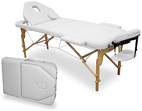 QUIRUMED Camilla de Masaje Plegable de Madera WELLCORE, con Respaldo abatible, Plus, 185 x 65 cm, Polipiel, Altura Regulable, Cabezal extraíble, Agujero Facial, Color Blanco, hasta 225 kg