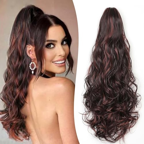 Gairyan 50cm Postiche Queue de Cheval avec Pince Extensions de Cheveux Naturel a Clip Ondulé Extension Queue de Cheval Synthétique Rajout Cheveux Claw on Ponytail Longue Bouclé, Marron & Auburn Foncé