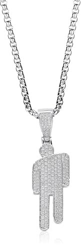 Hip Hop Bad Guy Villain Necklace, Stainless Steel Round Head Zircon Pendant, Couple Skew Head Full of Zircon Chaoren, Silver, 70 CM Chain