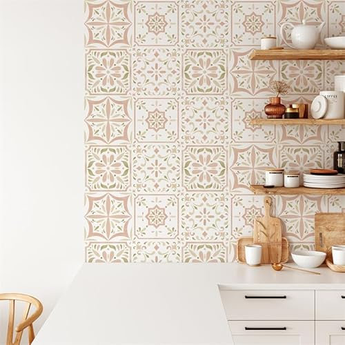 Self Adhesive Wall Tiles 20X20Cm Light Pink Green Stick On Tiles, Bathroom Self Adhesive Wall Tiles Waterproof Oil-Proof Art,Peel and Stick Splashback, Vinyl Wall Tile Transfers Sticker(10Pcs)