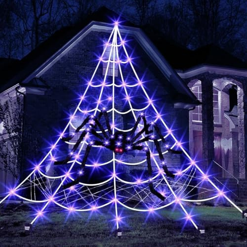 Toile d'araignée Halloween Decoration 6*5m, Grande Araignée Noire de 1m, 200 LED Violettes, 8 Modes d'éclairage pour Decoration Halloween Intérieur et Extérieur,Véranda,Garden-party, Maison Hantée (M)