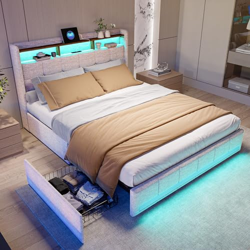 LKPOMI Bett mit Stauraum, Polsterbett mit Bettkasten, Doppelbett mit 4 Schubladen, Kopfteil mit Stauraum und USB-Ladefunktion,Betten Stauraumbetten Schubladenbett, Leinen (Beige, 140X200cm)