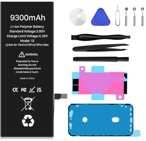 Batterie pour iPhone 13, 9300mAh Nouvelle Mise à Niveau Batterie Haute Capacité de Remplacement pour iPhone 13, A2482, A2631, A2633, A2634, A2635 avec Kit de Réparation