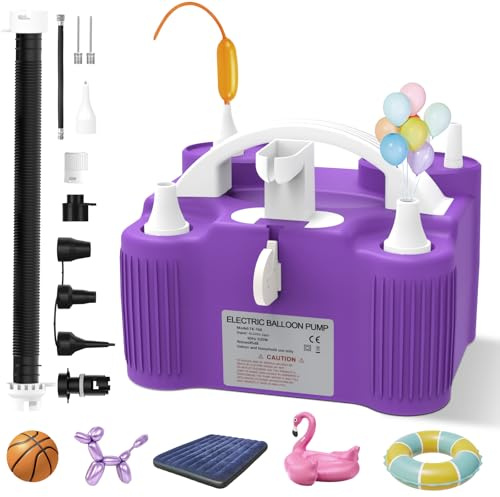 PlusFive 4-in-1 Pompa Aria Elettrica, Pompa per Palloncini Elettrica Multifunzione con Doppio Motore 11 Ugelli per Gonfiaggio/Deflusso di Palloncini Modellanti,Palloni Sportivi,Materassi Gonfiabili