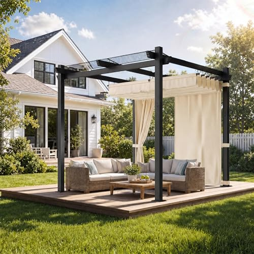 JUMMICO Aluminium Pergola Pavillon 3x3m wasserdicht stabil Winterfest, Gartenpavillon mit Schiebedach & Seitenwand, Sonnenschutz für Garten Terrasse & Balkon, schützt vor Sonne,Regen, langlebig, Beige