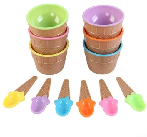 QOXEZY 6-delad glasskål och sked set med våffelkon estetisk, slät plastkonstruktion, blandade pastellgodisfärger, för yoghurt, frukt, gelato, små portioner godis