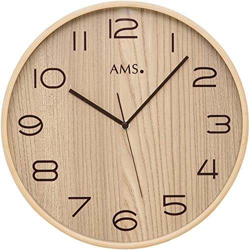 AMS 5514 Wanduhr Rund Beige Holz mit Funkuhrwerk 32 cm