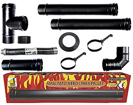 Kit tubi stufa a pellet canna fumaria dn 80 tubo acciaio smaltato nero porcellanato 600 Ce Made in Italy Mod Asp